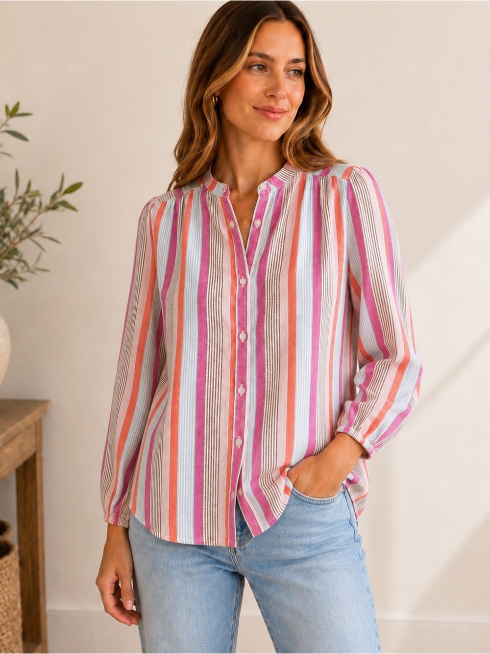 Boden 100% Linen Striped Blouse Button Front 10 Puff Sleeve Boho Cottagecore
